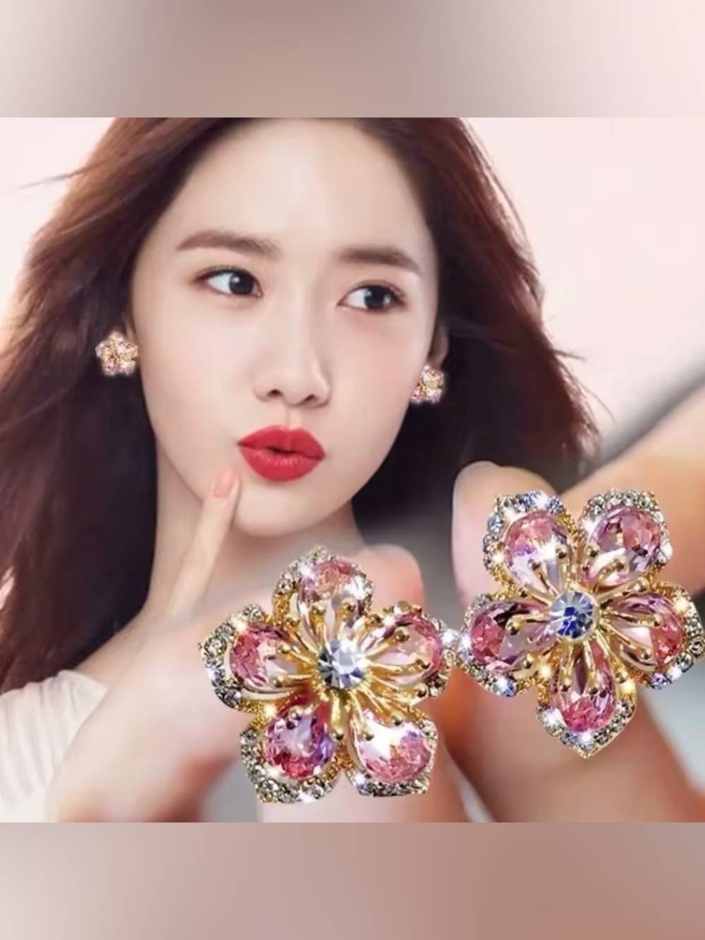 Gold Pink Crystal Flower Stud Earrings 4 colors options 925 sterling silver post